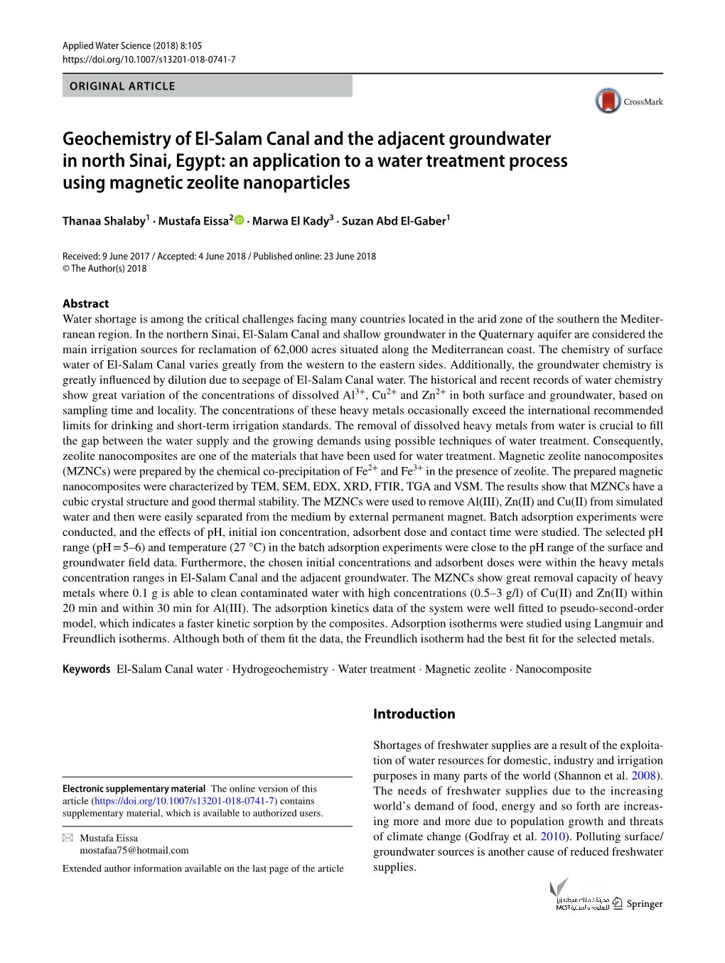 Geochemistry of El-Salam Canal and the Adjacent Groundwater in North