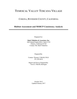 Habitat Assessment and MSHCP Consistency Analysis