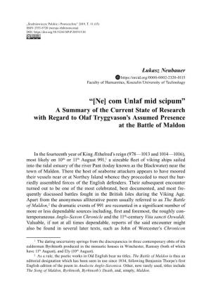 “[Ne] Com Unlaf Mid Scipum” a Summary of the Current State of Research with Regard to Olaf Tryggvason’S Assumed Presence at the Battle of Maldon