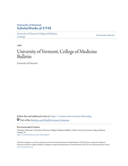 University of Vermont, College of Medicine Bulletin University of Vermont