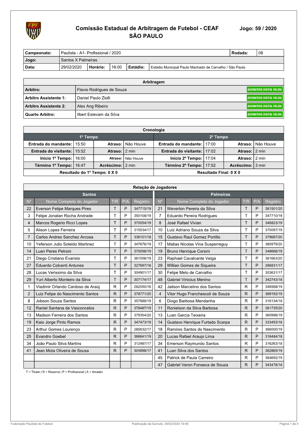 Comissão Estadual De Arbitragem De Futebol - CEAF Jogo: 59 / 2020 SÃO PAULO