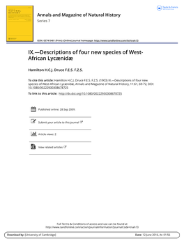 IX.—Descriptions of Four New Species of West- African Lycænidæ