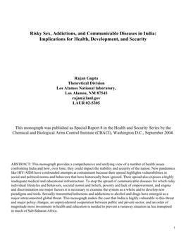 Risky Sex, Addictions, and Communicable Diseases in India: Implications for Health, Development, and Security