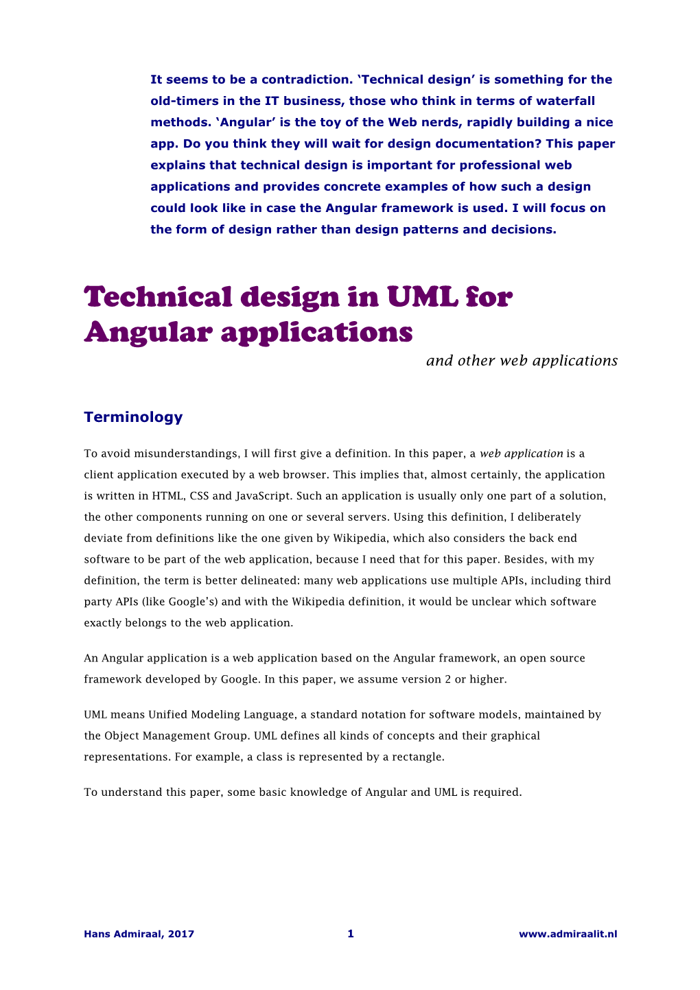 Technical Design in UML for Angular Applications and Other Web Applications