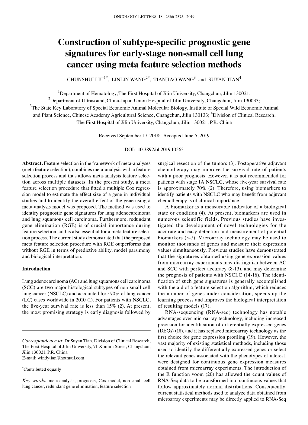 Construction of Subtype‑Specific Prognostic Gene Signatures for Early‑Stage Non‑Small Cell Lung Cancer Using Meta Feature Selection Methods