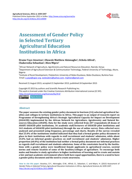 Assessment of Gender Policy in Selected Tertiary Agricultural Education Institutions in Africa