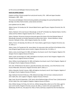 (C) the Lennox and Addington Historical Society, 2009 DEATH in UPPER CANADA Kingston and Bay of Quinte People from Early Burial