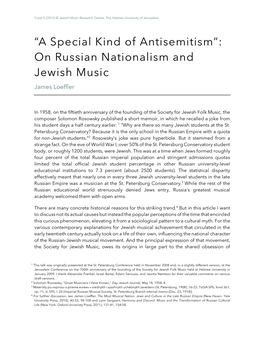 A Special Kind of Antisemitism”: on Russian Nationalism and Jewish Music James Loeffler
