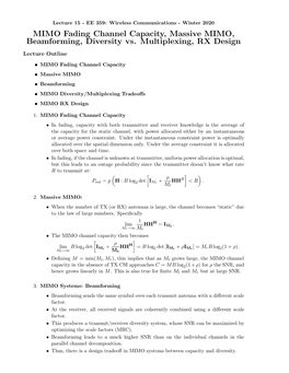 MIMO Fading Channel Capacity, Massive MIMO, Beamforming, Diversity Vs