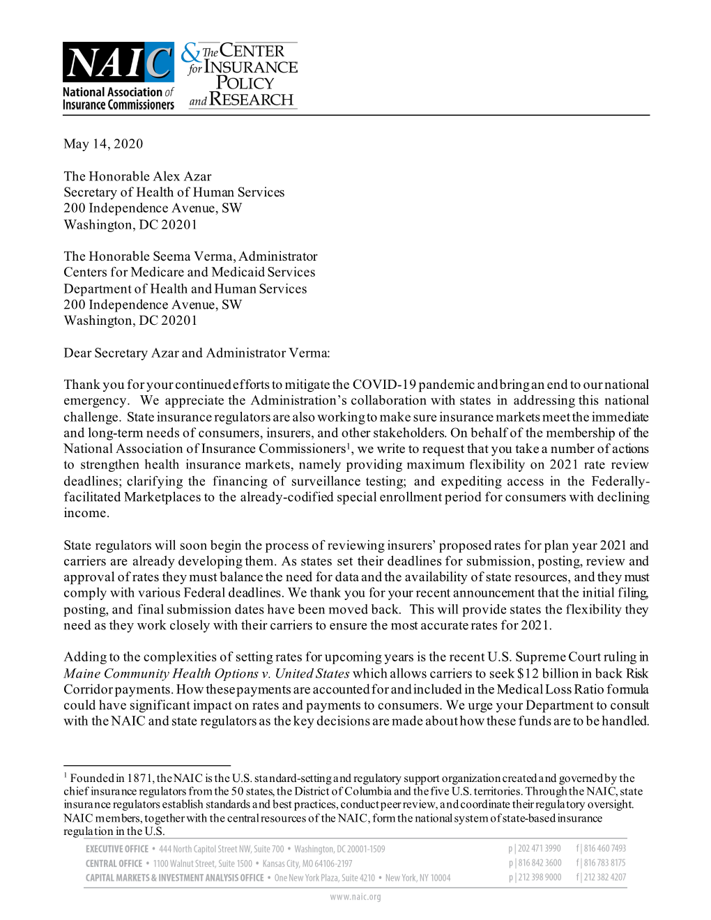 NAIC Letter to Secretary Azar