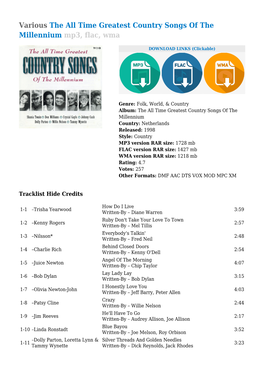 Various the All Time Greatest Country Songs of the Millennium Mp3, Flac, Wma