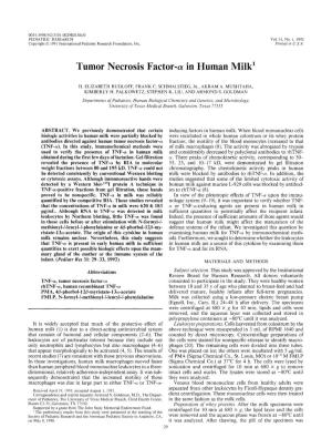 Tumor Necrosis Factor-A in Human Milk'