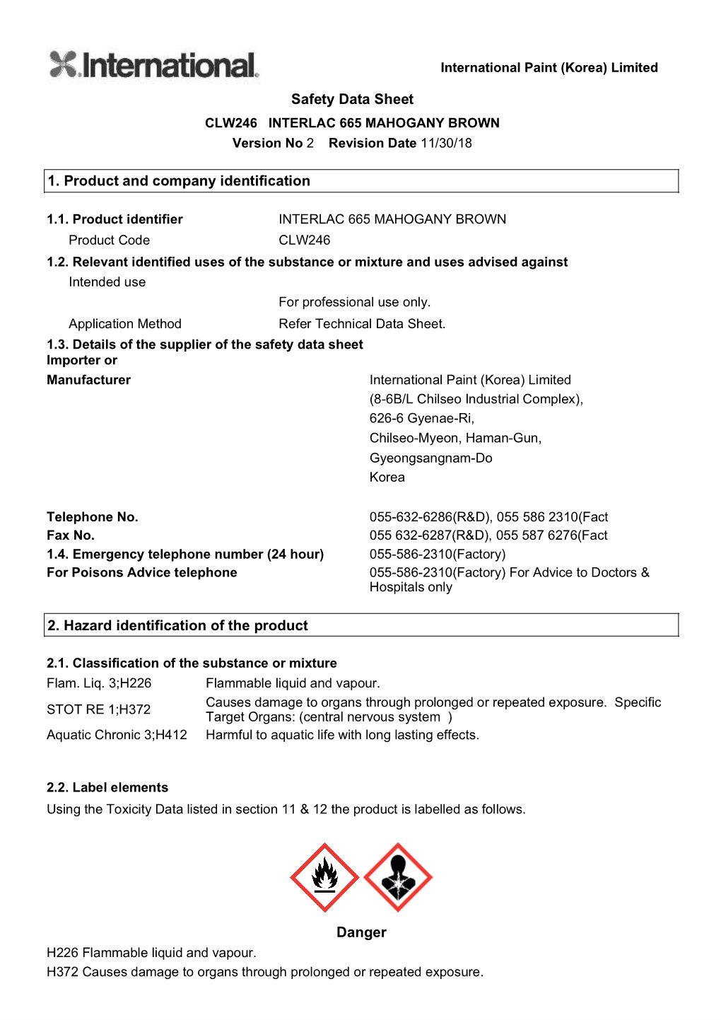Safety Data Sheet 1. Product and Company Identification 2. Hazard Identification of the Product Danger