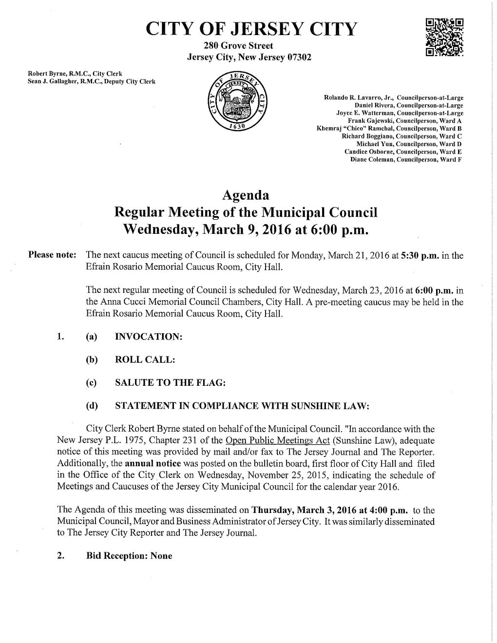 Agenda Regular Meeting of the Municipal Council Wednesday, March 9, 2016 at 6:00 P.M