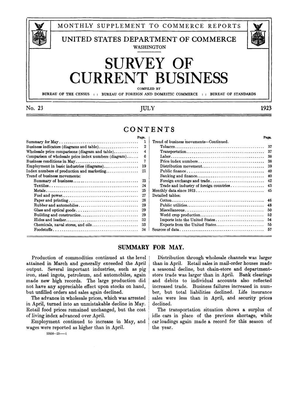 Survey of Current Business July 1923