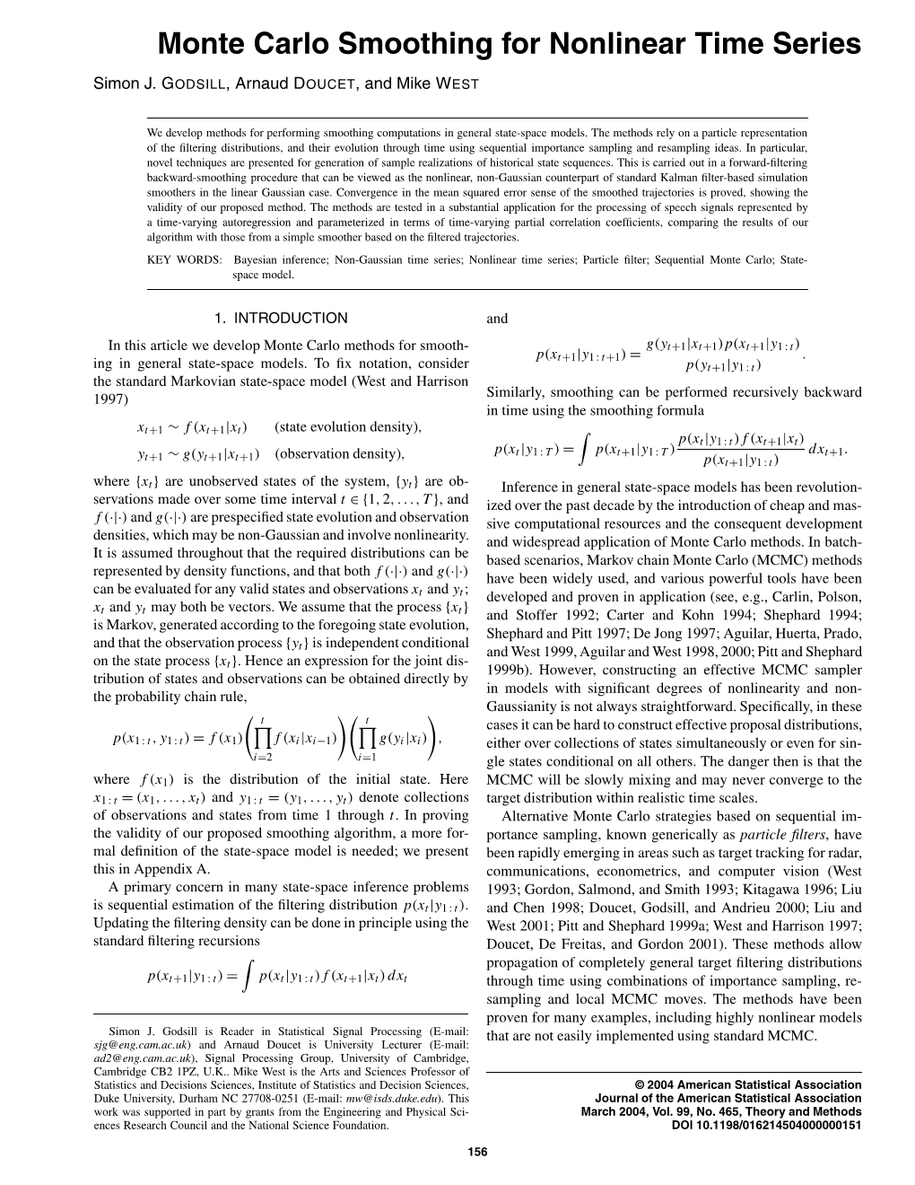 Monte Carlo Smoothing for Nonlinear Time Series