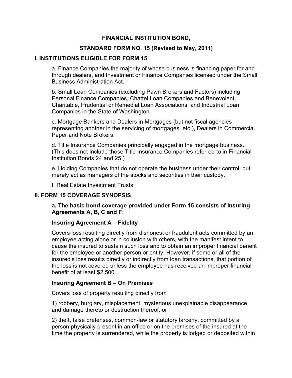 Financial Institution Bond, Standard Form No