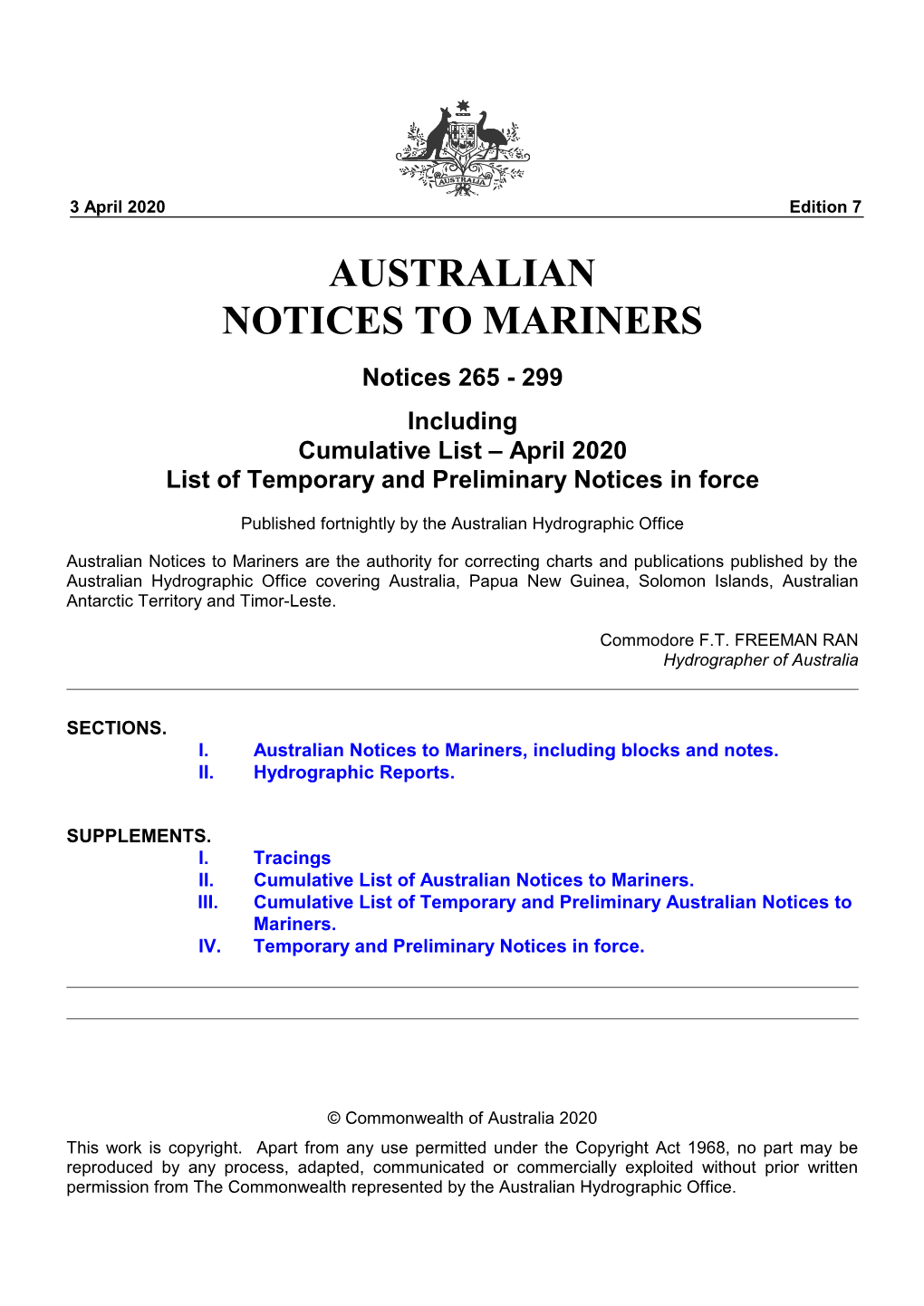 AUSTRALIAN NOTICES to MARINERS Notices 265 - 299 Including Cumulative List – April 2020 List of Temporary and Preliminary Notices in Force