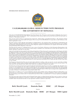 U.S.$5,000,000,000 GLOBAL MEDIUM TERM NOTE PROGRAM the GOVERNMENT of MONGOLIA Bofa Merrill Lynch Deutsche Bank HSBC J.P. Morgan