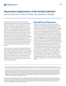 Aquaculture Applications of the Family Gobiidae1 Jesse Von Linden, Joshua T
