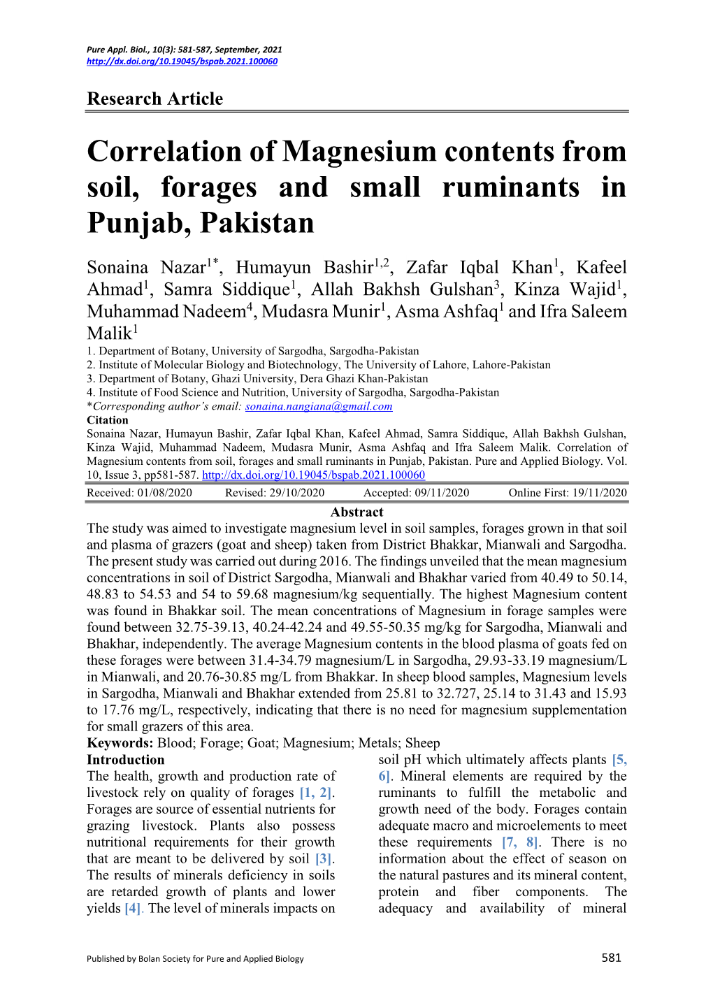Correlation of Magnesium Contents from Soil, Forages and Small Ruminants in Punjab, Pakistan