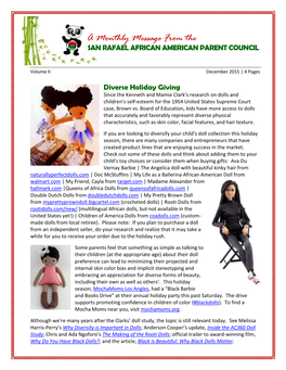 A Monthly Message from the SAN RAFAEL AFRICAN AMERICAN PARENT COUNCIL