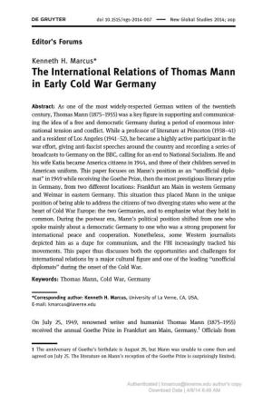 The International Relations of Thomas Mann in Early Cold War Germany