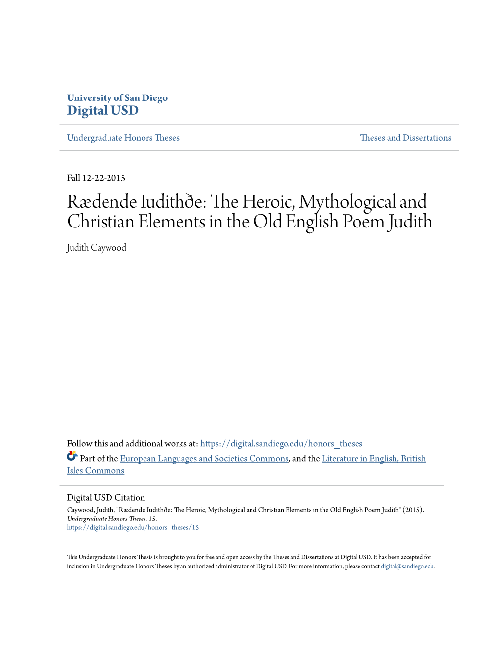 Rędende Iudithše: the Heroic, Mythological and Christian Elements in the Old English Poem Judith