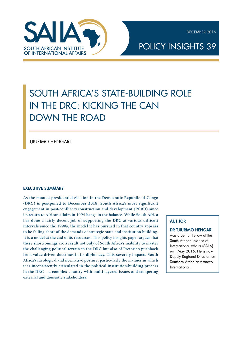 South Africa's STATE-Building ROLE in THE