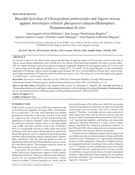 Biocidal Activities of Chenopodium Ambrosioides and Tagetes Minuta Against Antestiopsis Orbitalis Ghesquierei Carayon