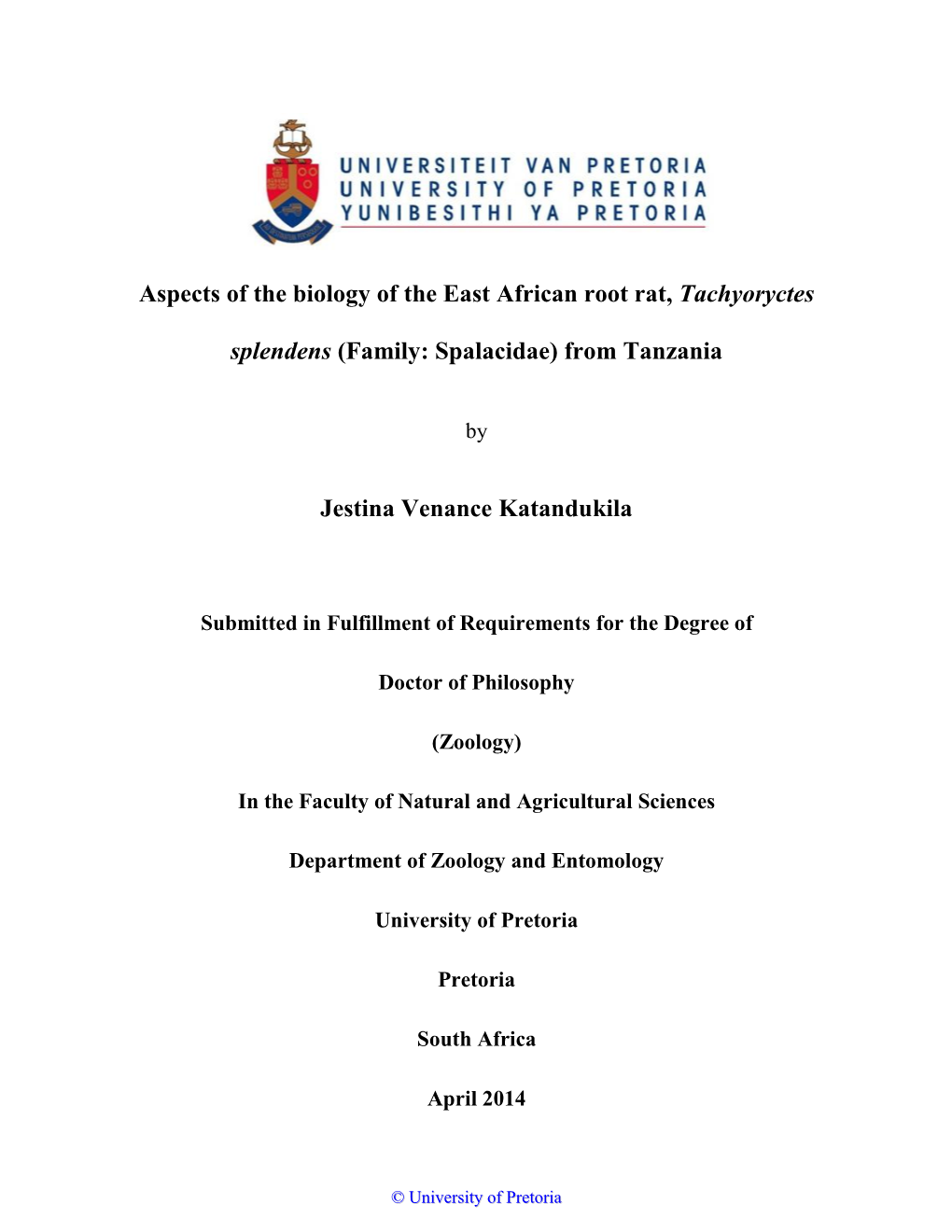 Aspects of the Biology of the East African Root Rat, Tachyoryctes