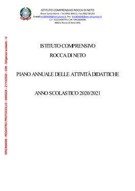 Istituto Comprensivo Rocca Di Neto Piano Annuale Delle