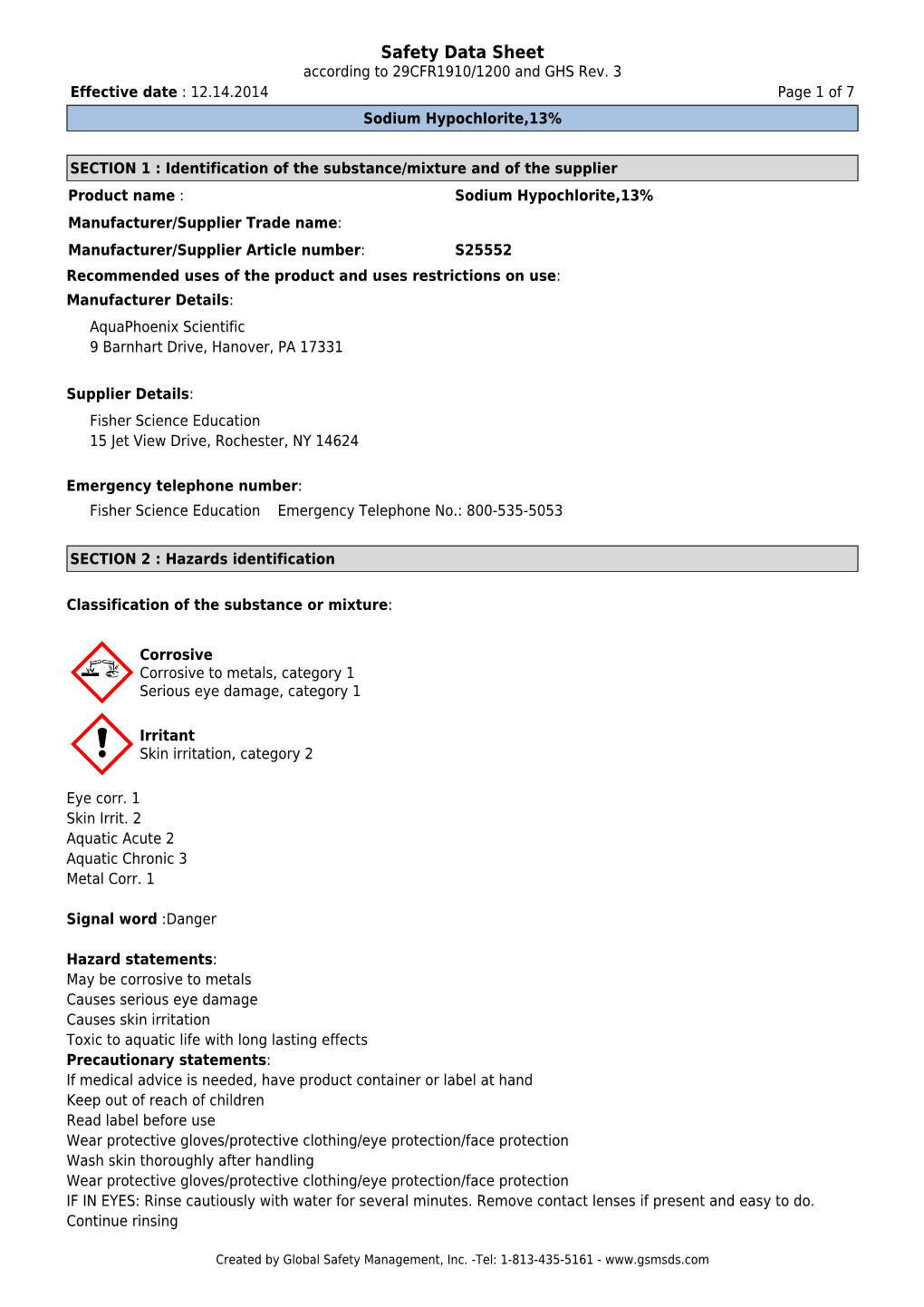 Safety Data Sheet According to 29CFR1910/1200 and GHS Rev