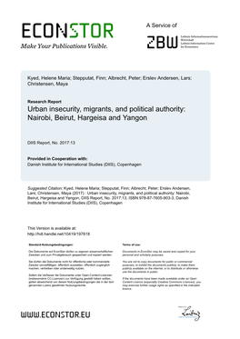Urban Insecurity, Migrants, and Political Authority: Nairobi, Beirut, Hargeisa and Yangon