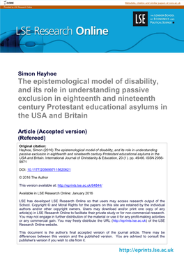 The Epistemological Model of Disability, and Its Role In