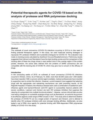 Potential Therapeutic Agents for COVID-19 Based on the Analysis of Protease and RNA Polymerase Docking