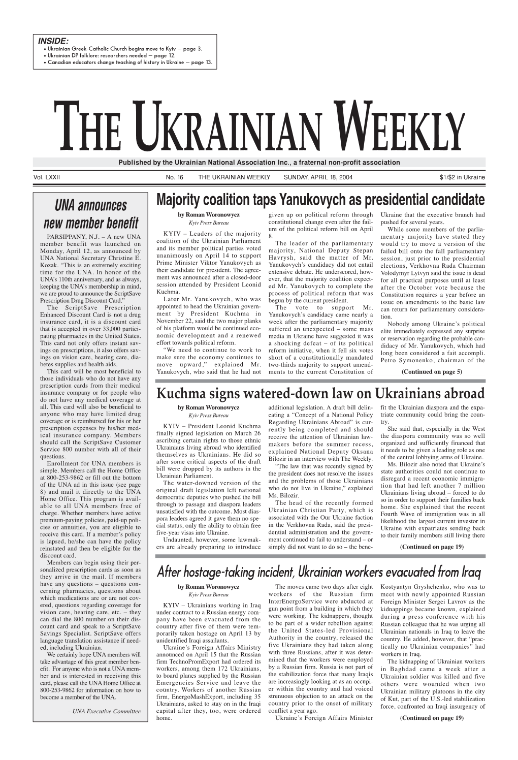 The Ukrainian Weekly 2004, No.16