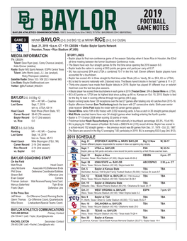 2019 Football Game Notes Baylor Athletics Communications: 1500 S