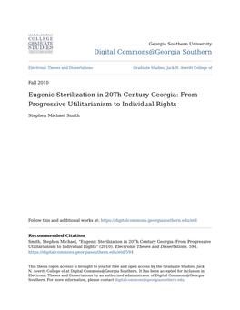 Eugenic Sterilization in 20Th Century Georgia: from Progressive Utilitarianism to Individual Rights