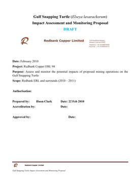 Gulf Snapping Turtle (Elseya Lavarackorum) Impact Assessment and Monitoring Proposal DRAFT