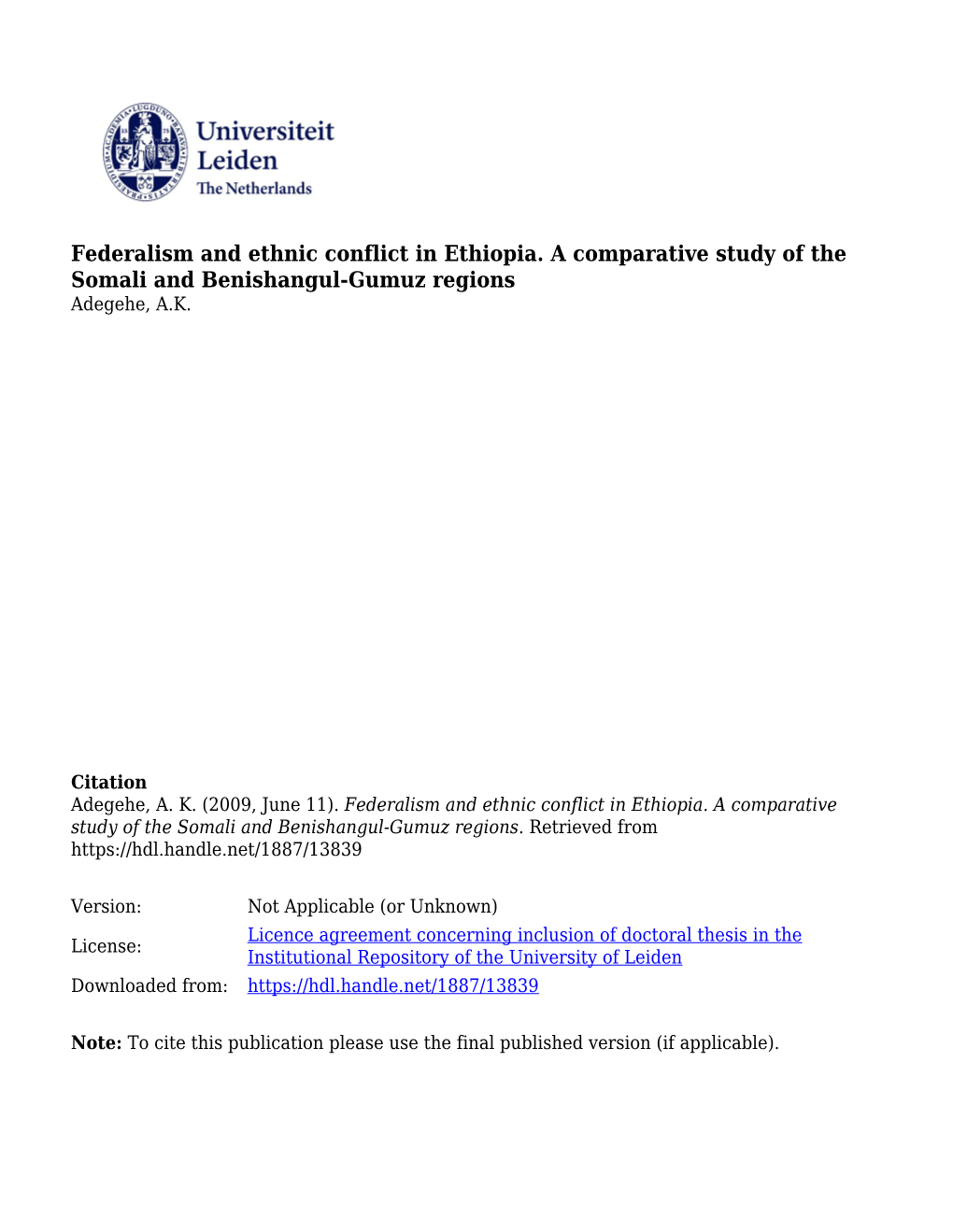 Somali and Benishangul-Gumuz Regions Adegehe, A.K