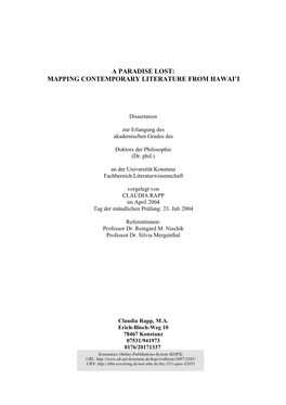 A Paradise Lost : Mapping Contemporary Literature from Hawaii
