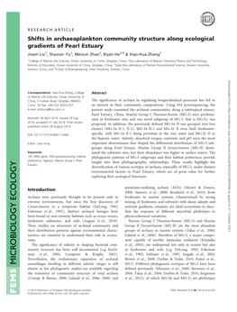 Shifts in Archaeaplankton Community Structure Along Ecological Gradients of Pearl Estuary Jiwen Liu1, Shaolan Yu1, Meixun Zhao2, Biyan He3,4 & Xiao-Hua Zhang1