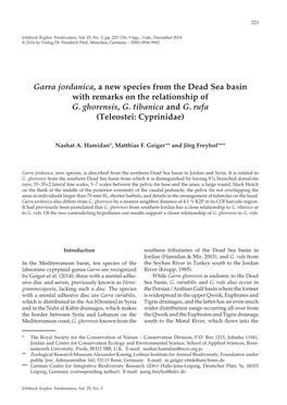 Garra Jordanica, a New Species from the Dead Sea Basin with Remarks on the Relationship of G
