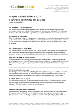 Projekt Südtirol Balance 2015 Südtirols Süden: Orte Der Balance Stand: Oktober 2015