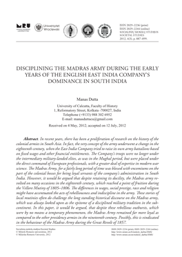 Disciplining the Madras Army During the Early Years of the English East India Company’S Dominance in South India