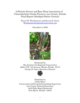 A Floristic Survey and Rare Plant Assessment of Caloosahatchee Creeks Preserve, Lee County, Florida Final Report (Abridged Online Version)