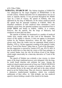 (CE:1798A-1798B) NOBATIA, EPARCH OF. the Nubian Kingdom of NOBATIA Was Subjugated by the Larger Kingdom of MAKOURIA in the Seventh Century