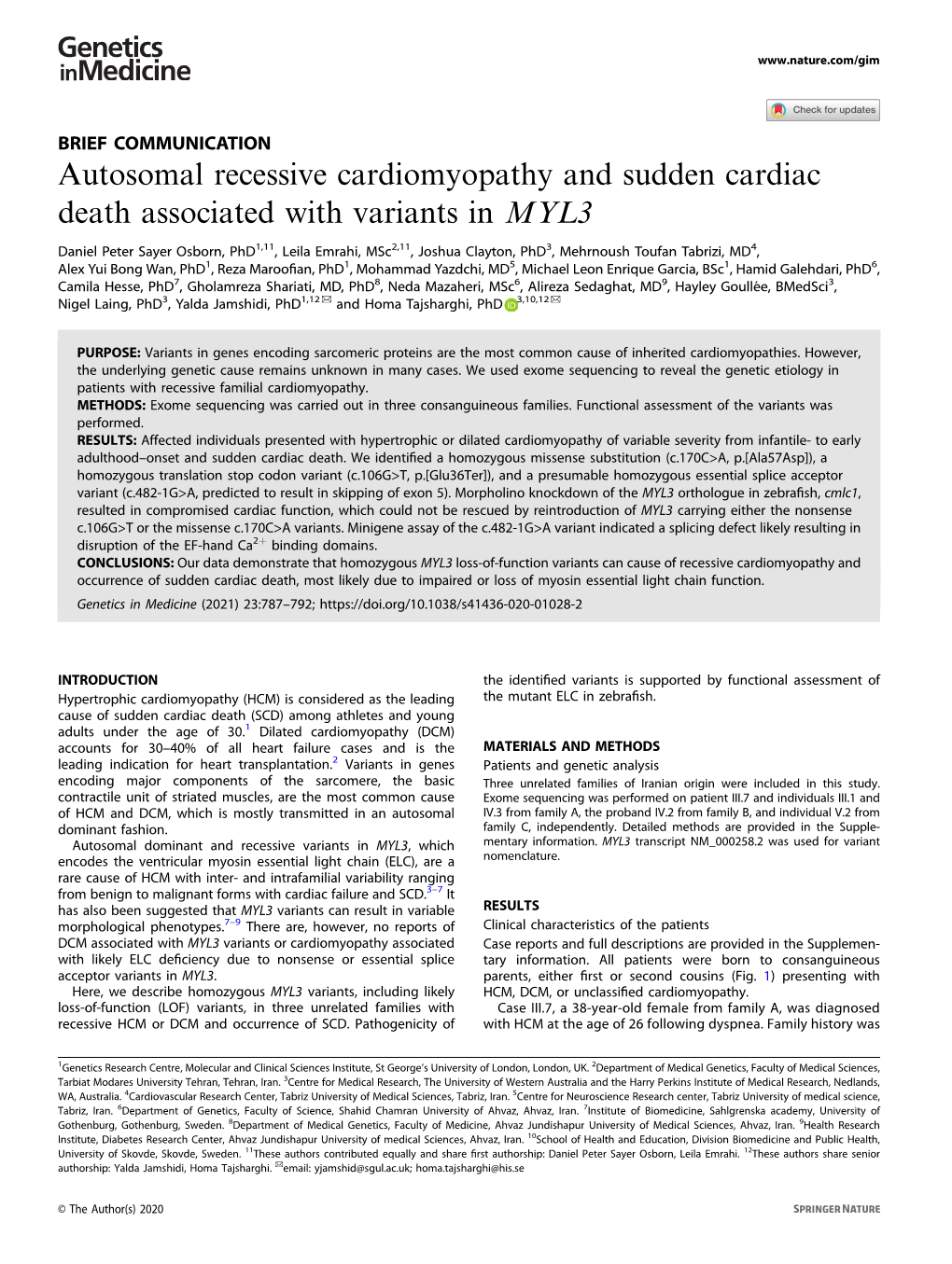 Autosomal Recessive Cardiomyopathy and Sudden Cardiac Death Associated with Variants in MYL3