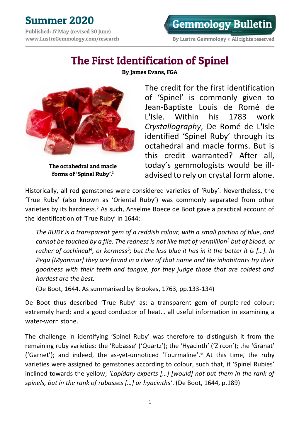 Gemmology Bulletin Summer 2020 the First Identification of Spinel